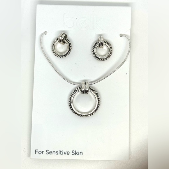BELK Silver Tone and Black Design Circle Pendant Necklace and Post Earring - Picture 5 of 7